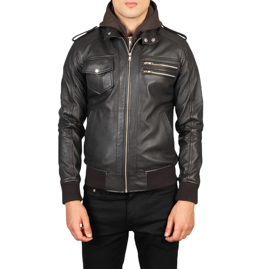 Bravado Hooded Sheepskin Bomber Jacket Modern Slim Fit with Hood