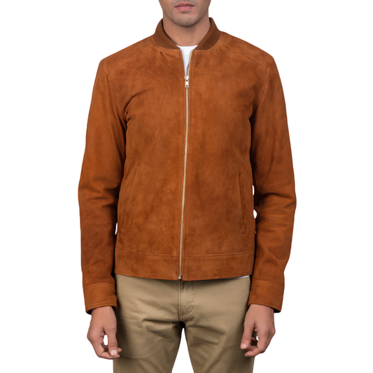 Blain Men’s Suede Bomber Jacket Real Leather Classic Casual Zip-Up Coat