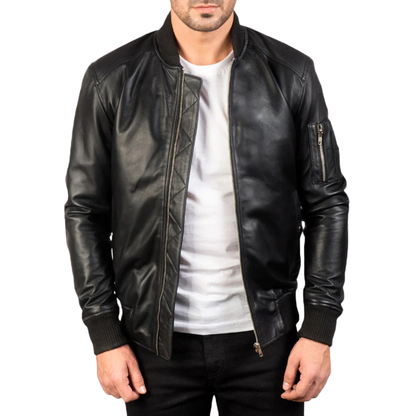 Bomia Premium MA-1 Genuine Leather Bomber Jacket Classic Military Style Outerwear
