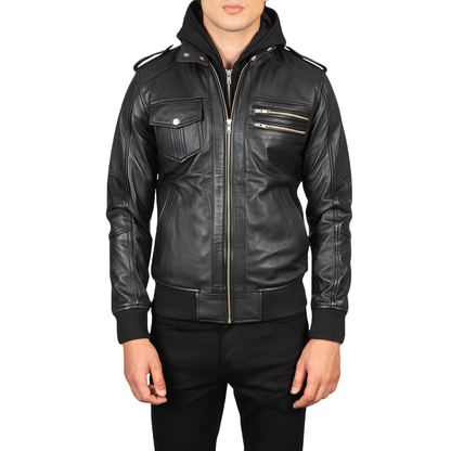Bravado Hooded Sheepskin Bomber Jacket Modern Slim Fit with Hood