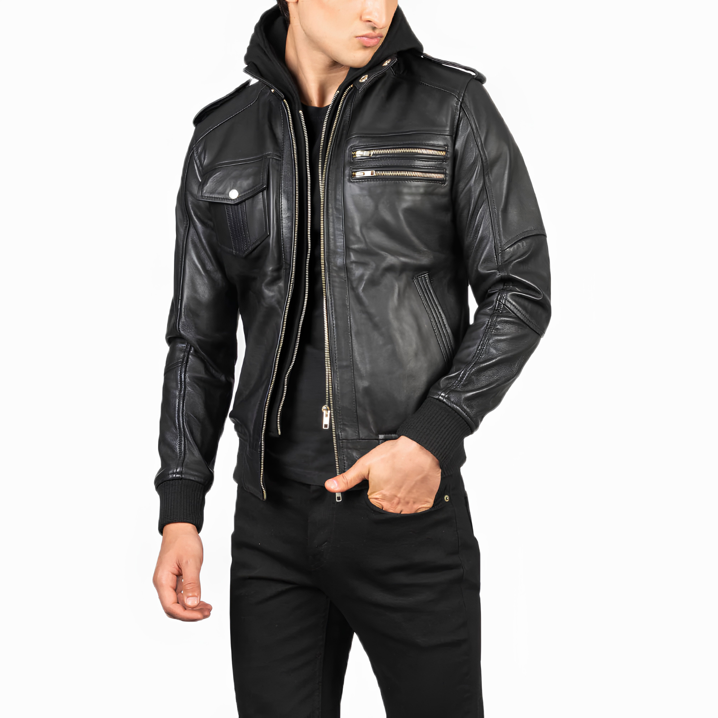 Bravado Hooded Sheepskin Bomber Jacket Modern Slim Fit with Hood