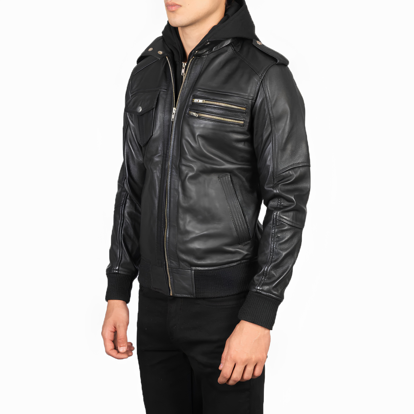Bravado Hooded Sheepskin Bomber Jacket Modern Slim Fit with Hood