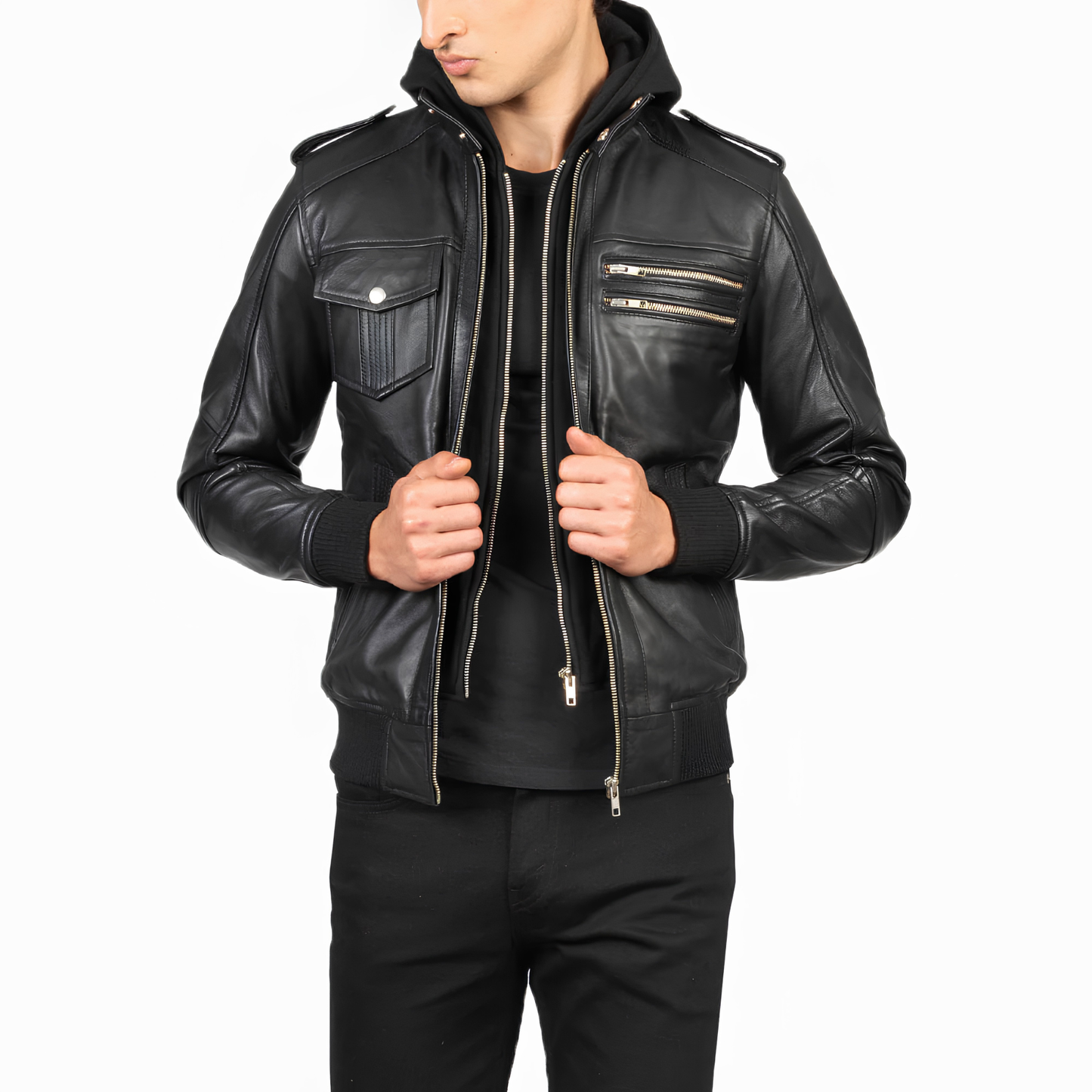 Bravado Hooded Sheepskin Bomber Jacket Modern Slim Fit with Hood