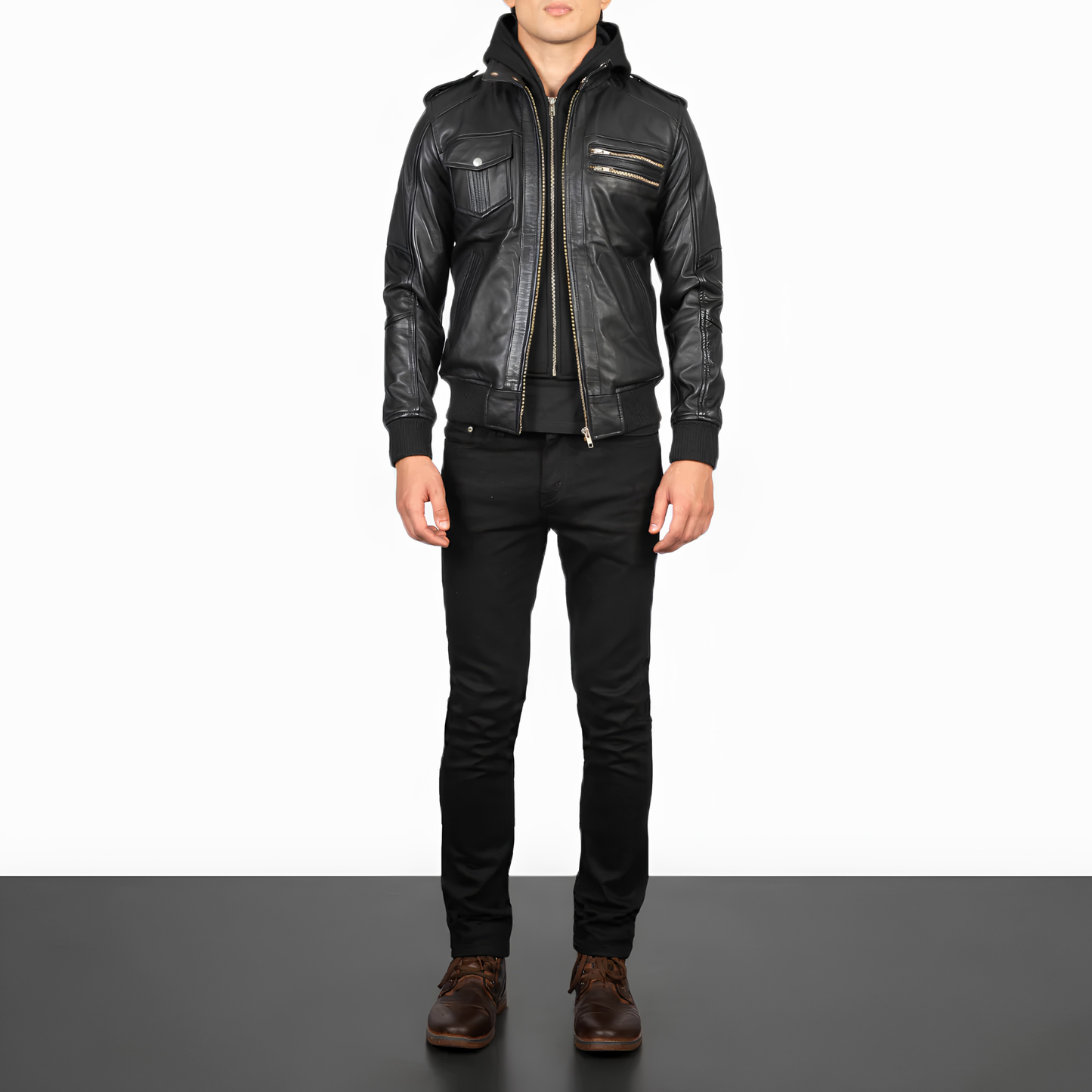 Bravado Hooded Sheepskin Bomber Jacket Modern Slim Fit with Hood