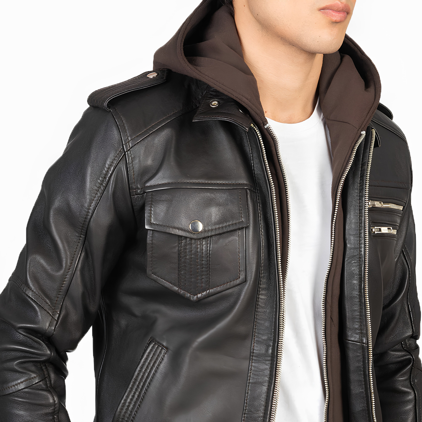 Bravado Hooded Sheepskin Bomber Jacket Modern Slim Fit with Hood