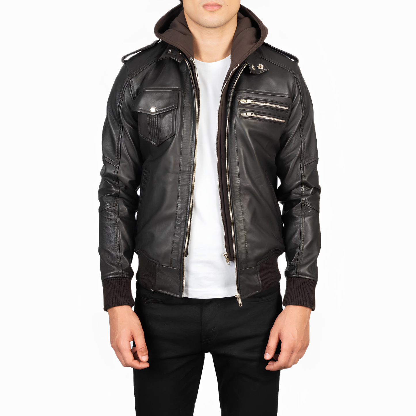 Bravado Hooded Sheepskin Bomber Jacket Modern Slim Fit with Hood