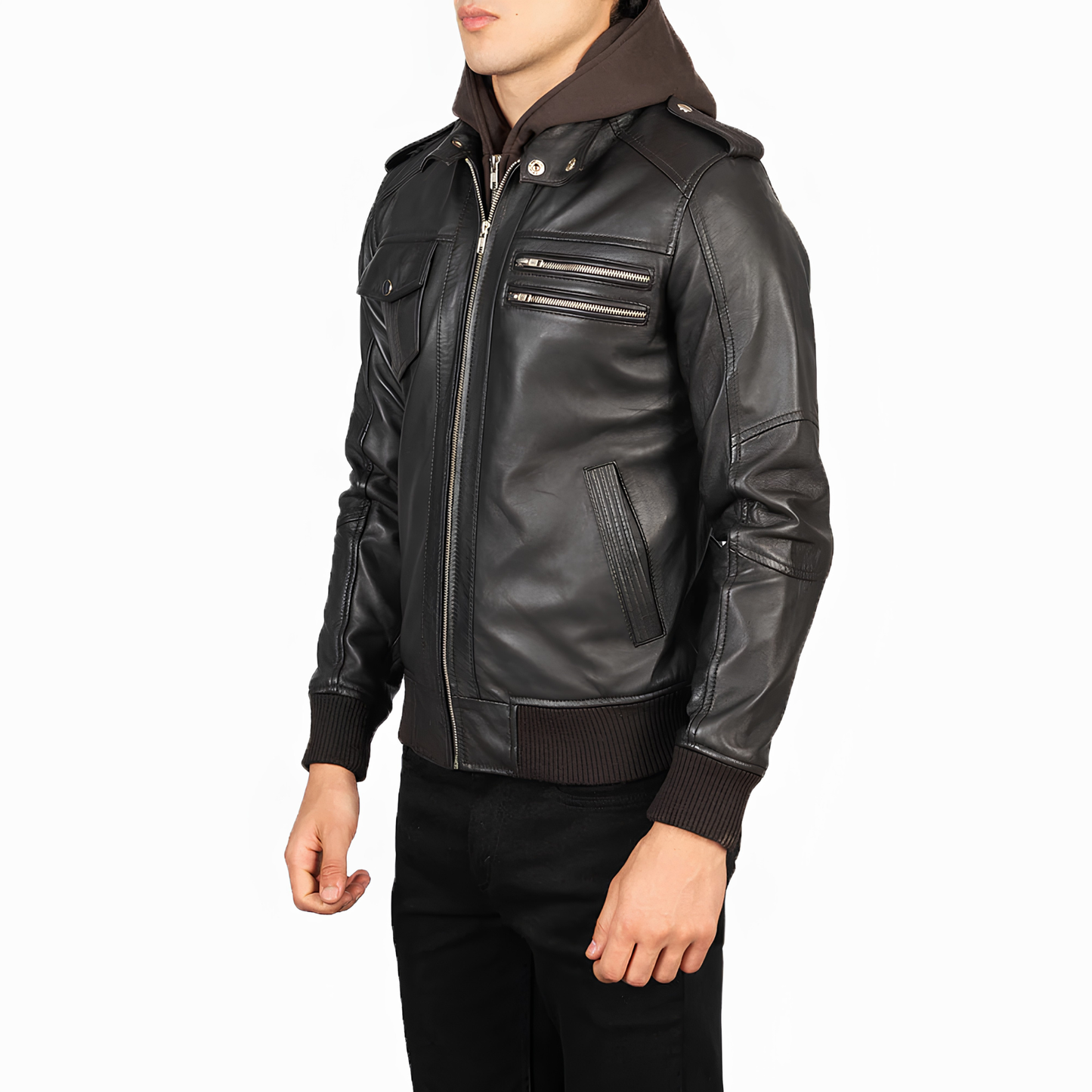 Bravado Hooded Sheepskin Bomber Jacket Modern Slim Fit with Hood