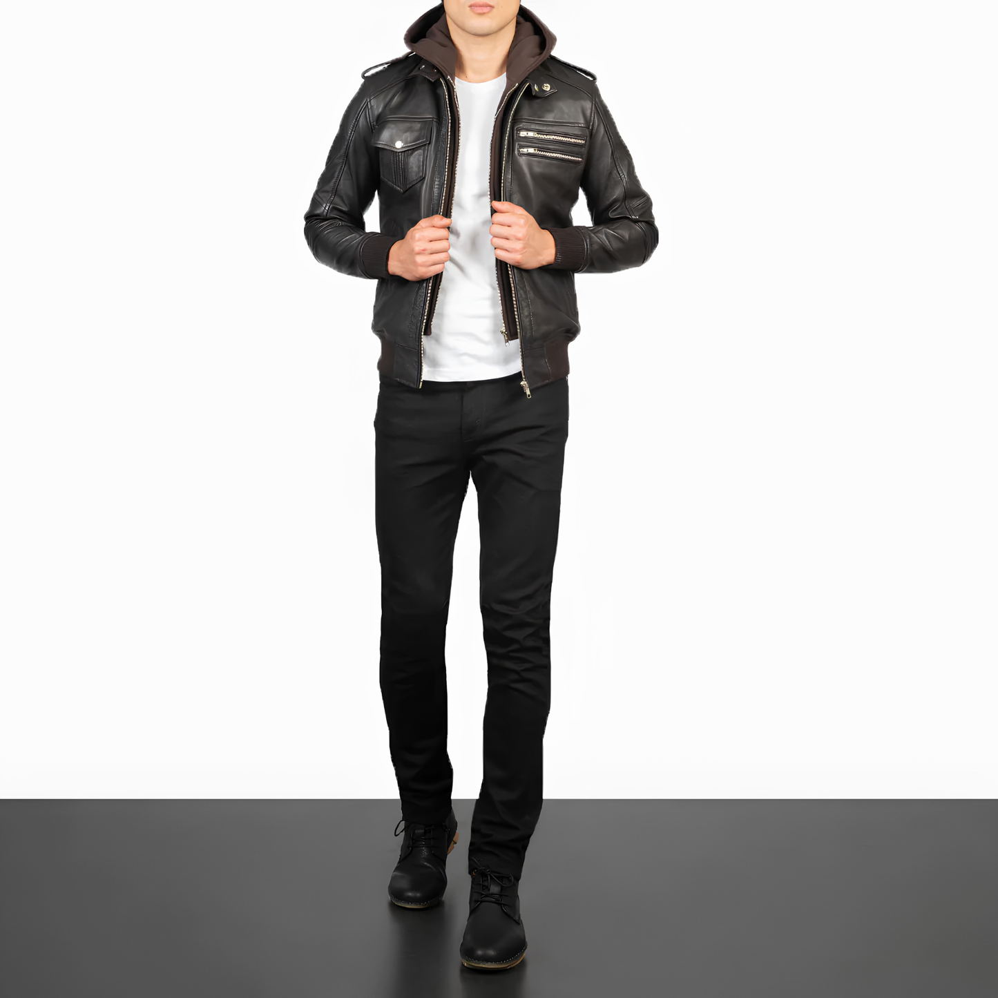 Bravado Hooded Sheepskin Bomber Jacket Modern Slim Fit with Hood